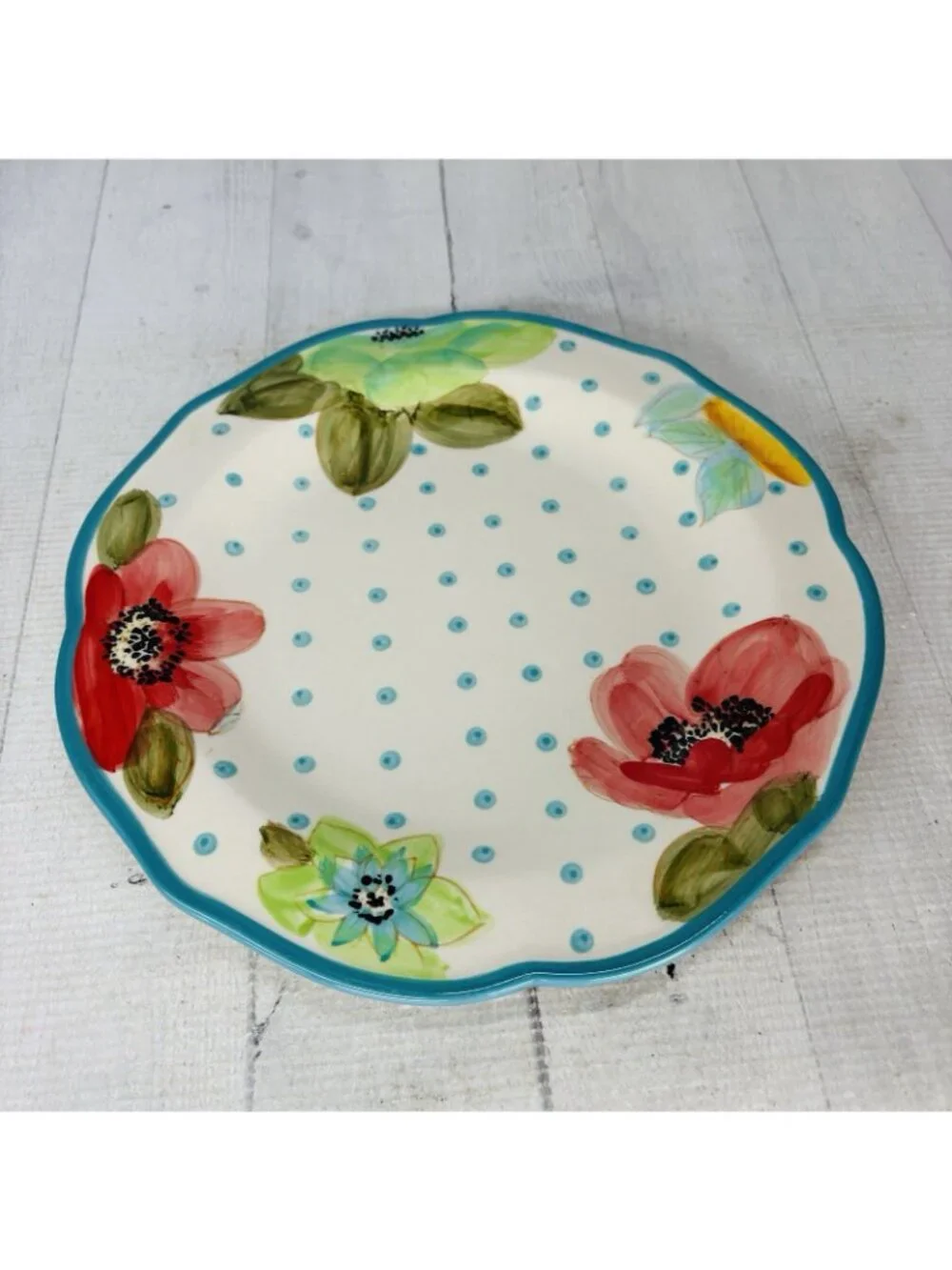 The Pioneer Woman VINTAGE BLOOM Scallop Floral  Teal Trim Stoneware Dinner Set 3
